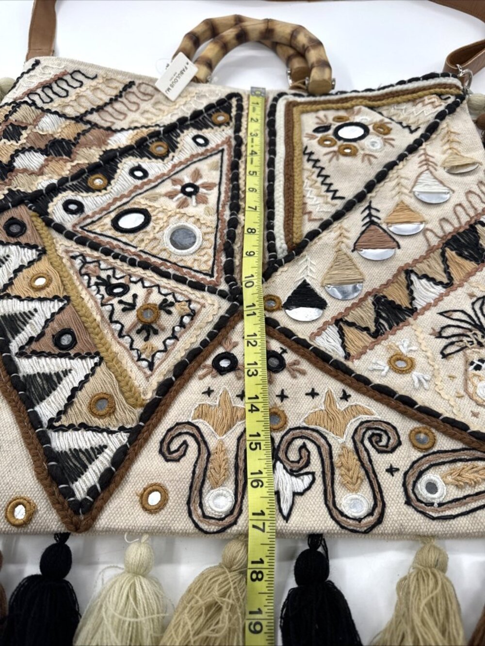 Fabulous MJ Wood Clasp Fringe Banjara Bag Tote Mirror Embroidered Tassel NEW - Picture 6 of 16